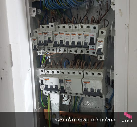 לוח חשמל עם מפסקים וחוטי חשמל צבעוניים